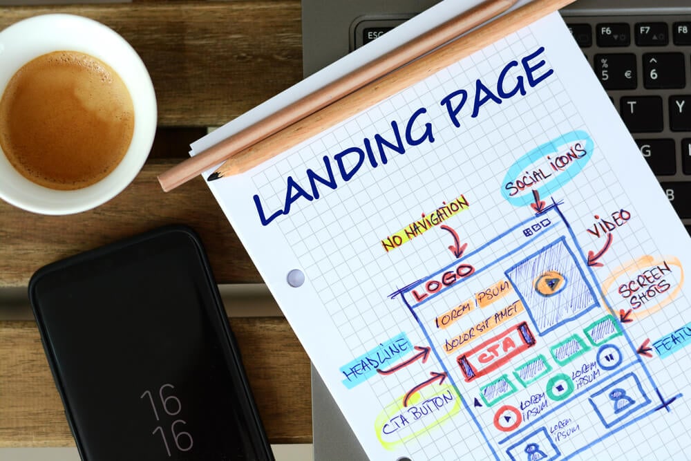 anotações sobre landing page ao lado de xícara e smartphone