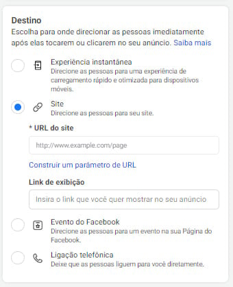Destino do anúncio no Instagram Ads