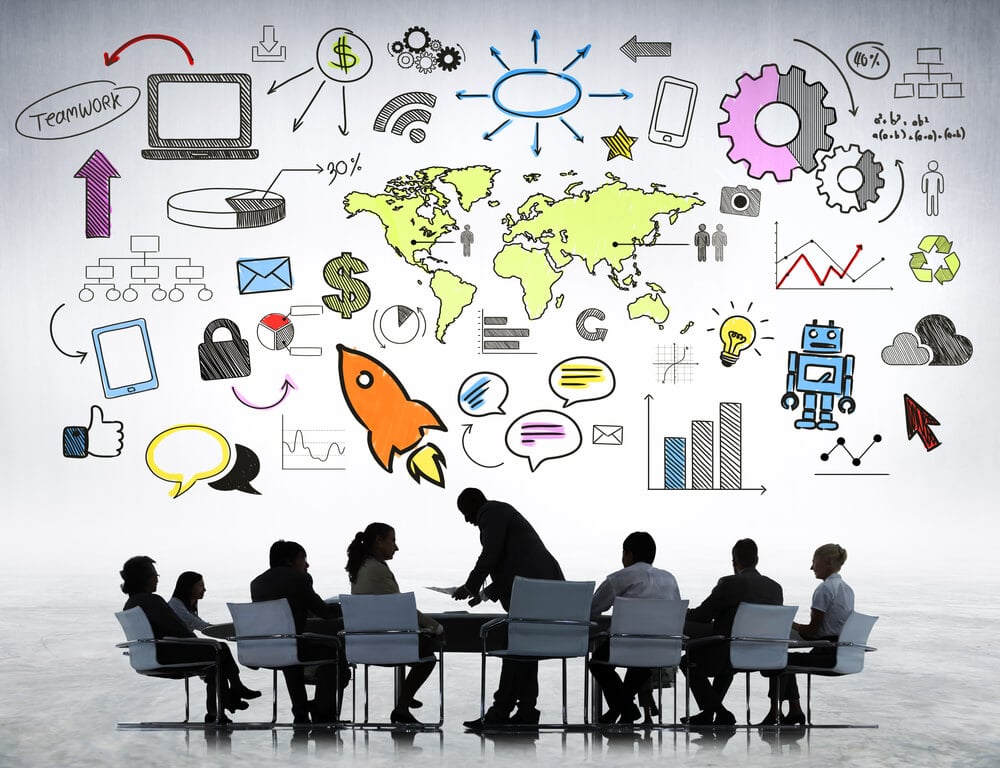 equipe empresarial e ilustrações referentes a plano estratégico