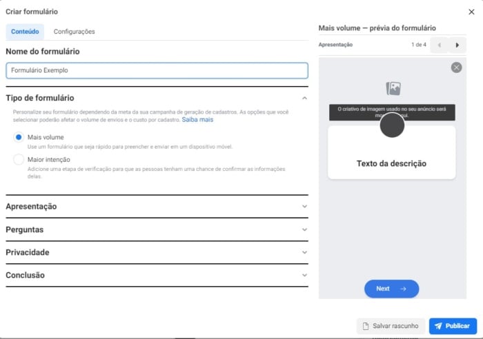 Formulário do Instagram Ads