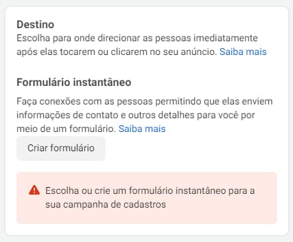 Formulário instantâneo no Instagram Ads