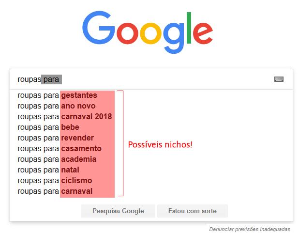 possíveis nichos de mercado no google suggest
