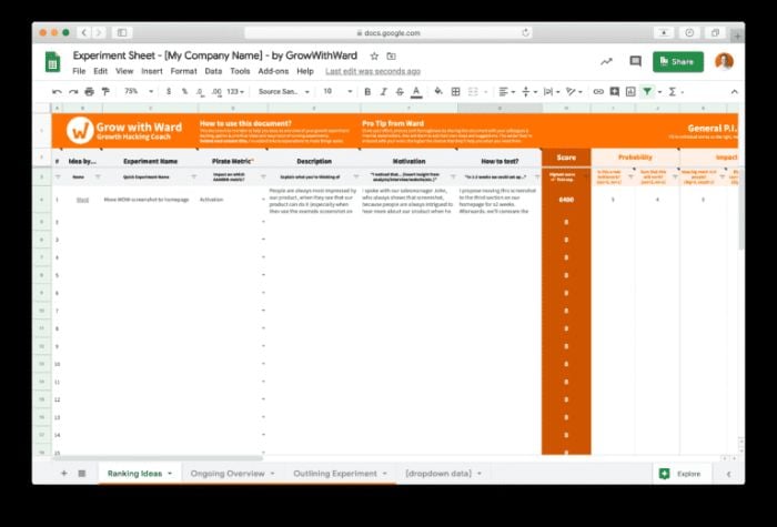 Experiment sheet template screenshot growth hacking