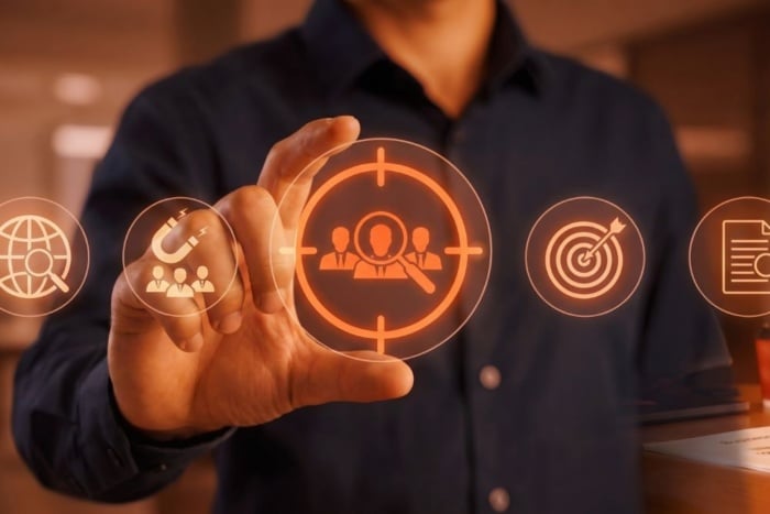 Profissional selecionando personas em interface digital laranja para estratégia de nutrição