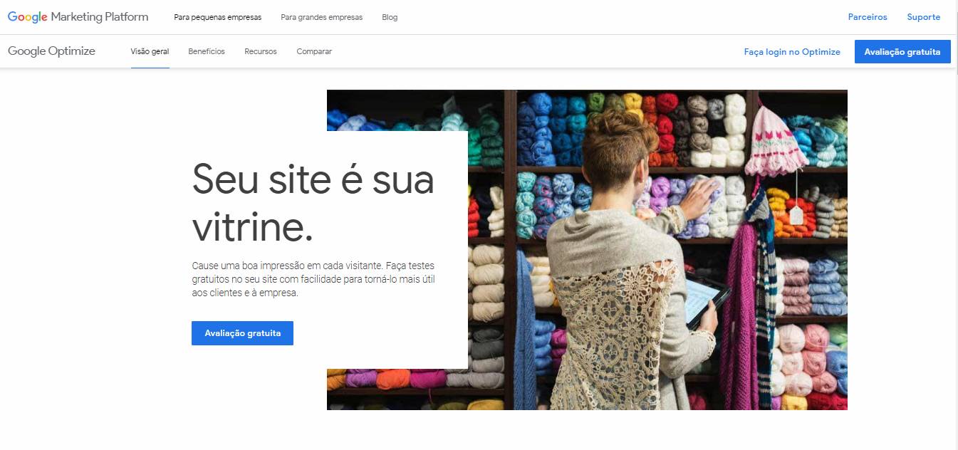 página da plataforma de testes a/b google optimize