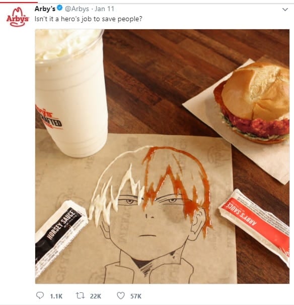 postagem em rede social de perfil chamdo arby´s com imagem de desenho feito em papelao com lanche e bebida ao lado