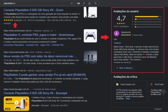 avaliações na serp