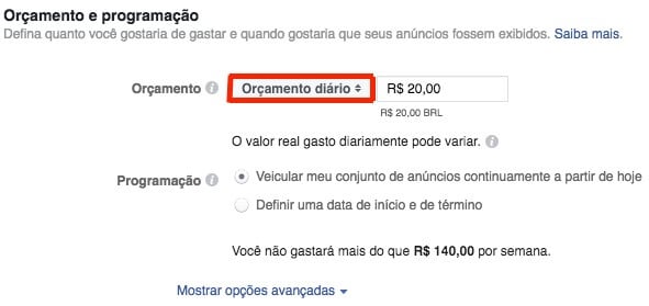 tela de orçamento diário dentro da ferramenta facebook ads