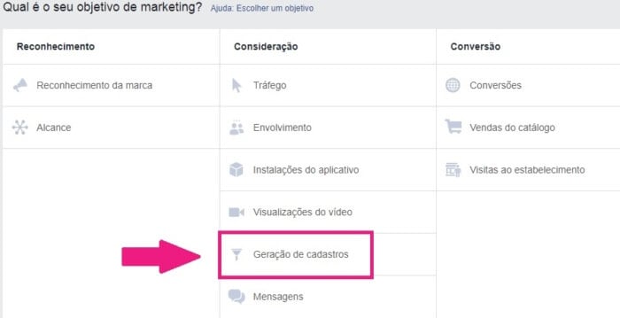 tela do facebook ads com anuncios com objetivo de gerar leads