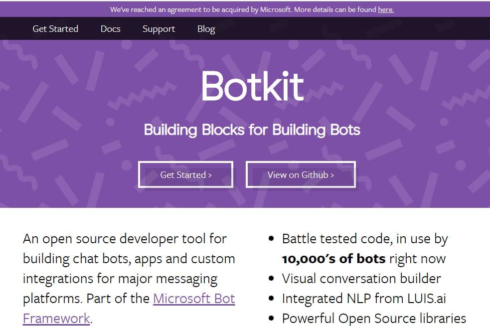 tela inicial do site Botkit para criação de chatbots para facebook