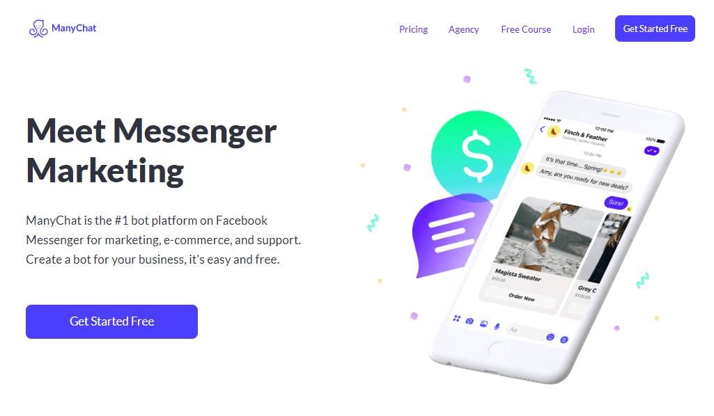 tela inicial do site manychat para criação de chatbots para facebook