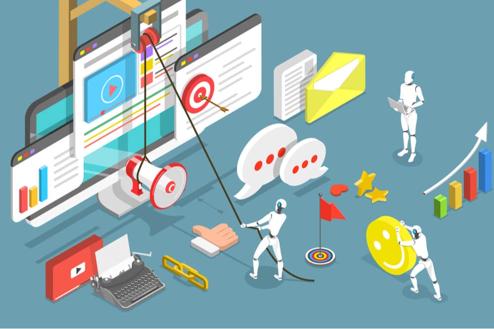 ilustração com robos montando um site