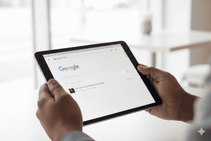 uma pessoa pesquisando no google utilizando um tablet