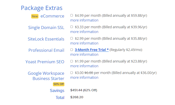 Package extra choices offered by Bluehost.