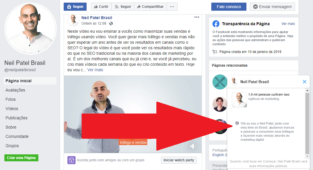 chatbot para facebook na página de Neil Patel
