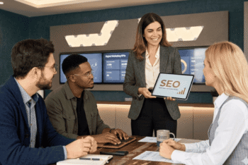 Uma consultoria de seo com 4 pessoas planejando