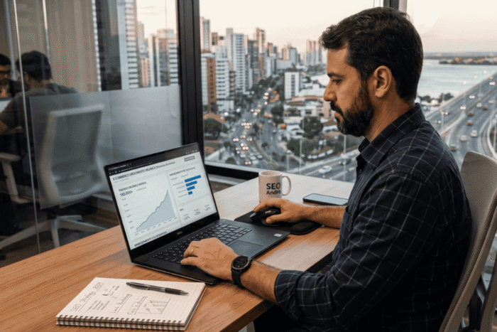 homem trabalhando em notebook com gráficos de desempenho e métricas de marketing, analisando dados estratégicos para crescimento do negócio.