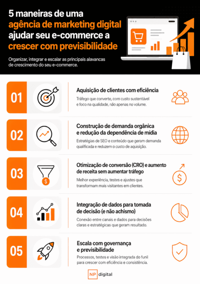 infográfico apresentando 5 maneiras de uma agência de marketing digital ajudar um e-commerce.