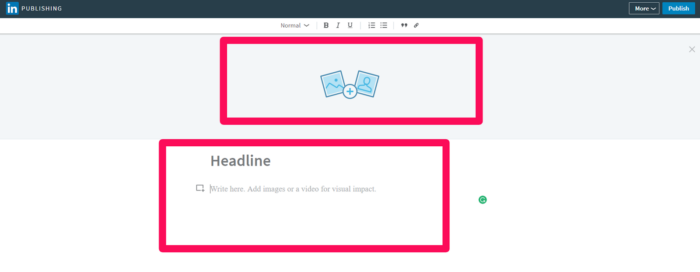 Spaces in Linkedin's article builder to insert a header image and headline.