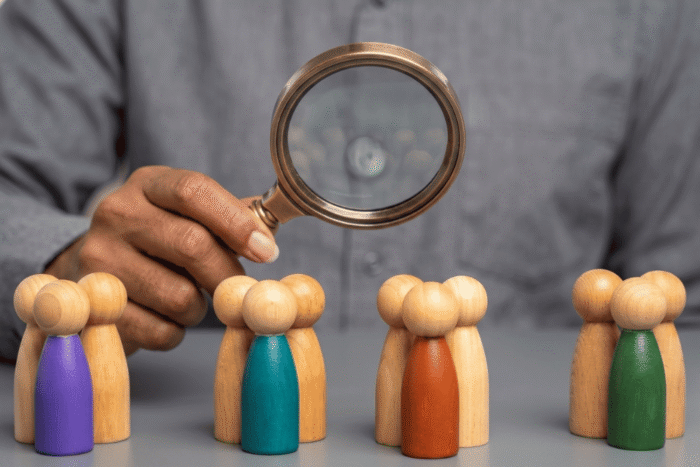 mão segurando lupa sobre figuras de pessoas, destacando análise e definição de público-alvo específico