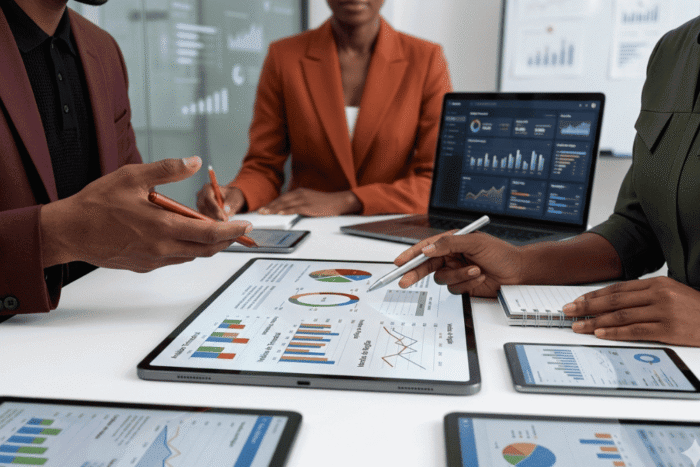 pessoas fazendo reunião para ver quanto ta o ROI
