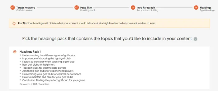 Creating an article about golf club reviews in AI Writer