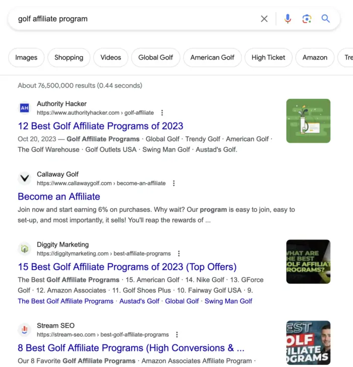 Google results for ‘golf affiliate program’