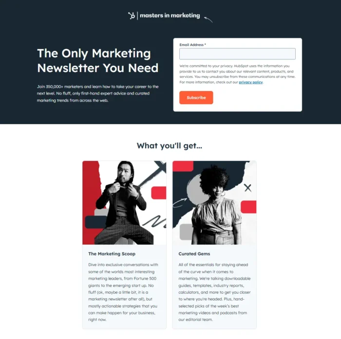 HubSpot's "Masters in Marketing" landing page